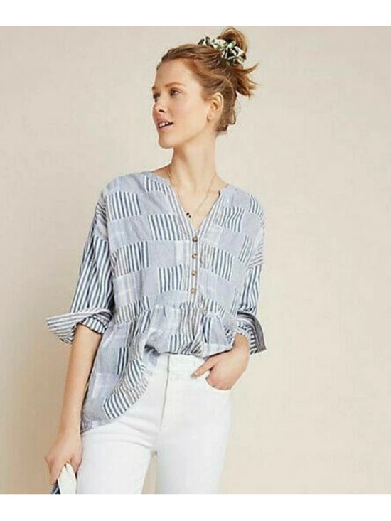 Maeve Tops - Anthropologie Maeve Stripe Patchwork Swing Shirt Henley Zoe Linen Top Blue Sz S